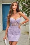 Purple Sweetheart Corset Beaded Tight Short Homecoming Dress with Appliques