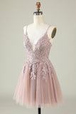 Blush A Line Spaghetti Straps Short Homecoming Dress with Appliques