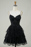 Cute Black A Line Sparkly Sequin Tiered Corset Short Homecoming Dress