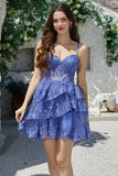 Gorgeous Dark Blue Sparkly A Line Tiered Corset Short Homecoming Dress
