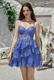 Gorgeous Dark Blue Sparkly A Line Tiered Corset Short Homecoming Dress