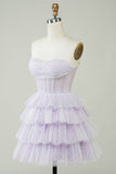 Sparkly Lilac A Line Strapless Polka Dots Corset Tiered Short Homecoming Dress