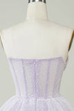 Sparkly Lilac A Line Strapless Polka Dots Corset Tiered Short Homecoming Dress