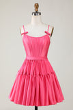 Cute Fuchsia A Line Spaghetti Straps Corset Ruffle Homecoming Dress with Bows