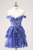 Sparkly Dark Blue A Line Off The Shoulder Corset Tiered Short Homecoming Dress with Sequins