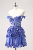 Sparkly Dark Blue A Line Off The Shoulder Corset Tiered Short Homecoming Dress with Sequins