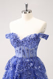 Sparkly Dark Blue A Line Off The Shoulder Corset Tiered Short Homecoming Dress with Sequins