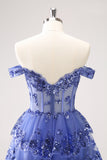 Sparkly Dark Blue A Line Off The Shoulder Corset Tiered Short Homecoming Dress with Sequins