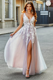 A-Line/Princess V-Neck Split Floor-Length Tulle Prom Dress With Appliques