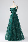 Dark Green A-Line Spaghetti Straps Long Corset Glitter Prom Dress