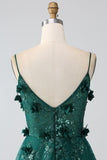 Dark Green A-Line Spaghetti Straps Long Corset Glitter Prom Dress