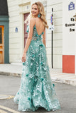 Dark Green A-Line Spaghetti Straps Long Corset Glitter Prom Dress