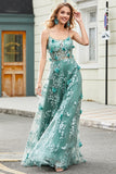 Dark Green A-Line Spaghetti Straps Long Corset Glitter Prom Dress