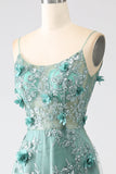 Dark Green A-Line Spaghetti Straps Long Corset Glitter Prom Dress