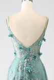 Dark Green A-Line Spaghetti Straps Long Corset Glitter Prom Dress