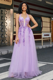 Gorgeous Grey Purple A Line Halter Neck Corset Prom Dress with Appliques