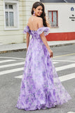 Lavender A Line Off the Shoulder Printed Prom Dress with Removable Sleeves