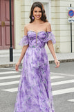 Lavender A Line Off the Shoulder Long Prom Dress with Removable Sleeves