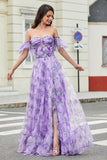 Lavender A Line Off the Shoulder Long Prom Dress with Removable Sleeves