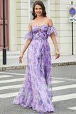 Lavender A Line Off the Shoulder Printed Prom Dress with Removable Sleeves