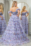 Blue A Line Sweetheart Pleated Floral Print Long Tiered Prom Dress