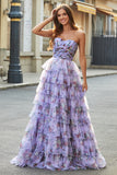 Lavender A-Line Off the Shoulder Floral Printed Tiered Pleated Long Prom Dress