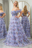 Blue A Line Sweetheart Pleated Floral Print Long Tiered Prom Dress