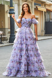 Lavender Ball Gown Off the Shoulder Floral Printed Tiered Prom Dress with Rosette Details