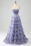 Lavender Ball Gown Off the Shoulder Floral Printed Tiered Prom Dress with Rosette Details