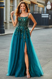 Dark Green A Line Spaghetti Straps Sparkly Prom Dress with Slit