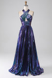 Sparkly Dark Blue A-Line Halter Pleated Metallic Long Prom Dress with Slit