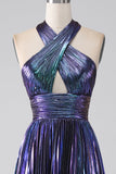 Dark Purple A-Line Halter Pleated Sparkly Prom Dress With Slit