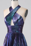 Dark Purple A-Line Halter Pleated Sparkly Prom Dress With Slit