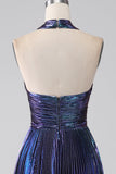 Dark Purple A-Line Halter Pleated Sparkly Prom Dress With Slit