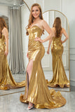 Sparkly Golden Mermaid Sweetheart Long Prom Dress With Slit