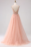 Sparkly Blush A-Line Spaghetti Straps Beaded Long Prom Dress With Slit