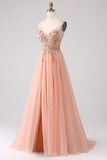 Sparkly Blush A-Line Spaghetti Straps Beaded Long Prom Dress With Slit