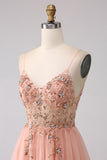 Sparkly Blush A-Line Spaghetti Straps Beaded Long Prom Dress With Slit