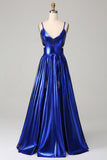 Sparkly A-Line Spaghetti Straps Backless Ruched Metallic Prom Dress With Slit