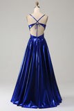 Sparkly A-Line Spaghetti Straps Backless Ruched Metallic Prom Dress With Slit