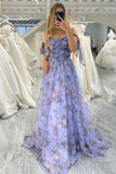 Lavendar A Line Off The Shoulder Pleated Floral Print Long Prom Dress