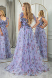 Lavendar A Line Off The Shoulder Pleated Floral Print Long Prom Dress