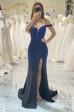 Navy Mermaid Spaghetti Straps Long Corset Sparkly Prom Dress with Slit