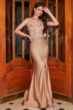 Glitter Champagne Mermaid Spaghetti Straps Long Prom Dress with Slit