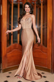 Glitter Champagne Mermaid Spaghetti Straps Long Prom Dress with Slit