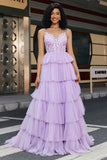 Elegant Lilac A Line Tulle Tiered Corset Prom Dress With Appliques