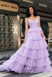 Elegant Lilac A Line Tulle Tiered Corset Prom Dress With Appliques