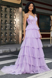 Elegant Lilac A Line Tulle Tiered Corset Prom Dress With Appliques