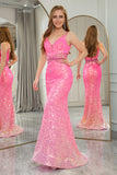 Sparkly Fuchsia Mermaid Spaghetti Straps Backless Long Prom Dress