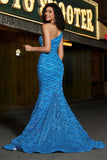 Blue Mermaid One Shoulder Sequins Long Glitter Prom Dress